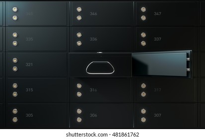 A 3D Render Of A Wall Of Black Numbered Metal Safe Deposit Boxes In A Vault With One Opened Revealing Its Contents Inside

