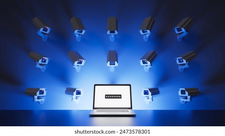 3d render. Wall-mounted cameras focus on a laptop screen, symbolizing surveillance and control. Blue background