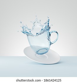 3d Render, Water Splash In The Shape Of A Cup With Saucer, Pure Liquid Splashing Clip Art Isolated On White Background