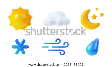 3d render weather icons set, sun shining, white cloud, wind blow, snowflake, raindrop and crescent with stars. Climate elements for app or web design. Cartoon illustration in plastic. 3D Illustration