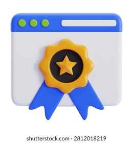 3D render of a web browser displaying a golden award ribbon badge, number one SERP search ranking and website SEO excellence concept illustration.