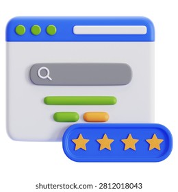 3D render of a web browser with a five-star customer review rating, SEO rich snippets and online brand reputation management concept illustration.