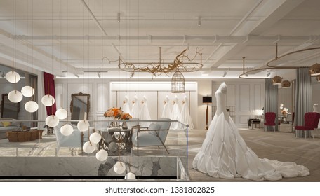 3d Render Of Wedding Dress Shop