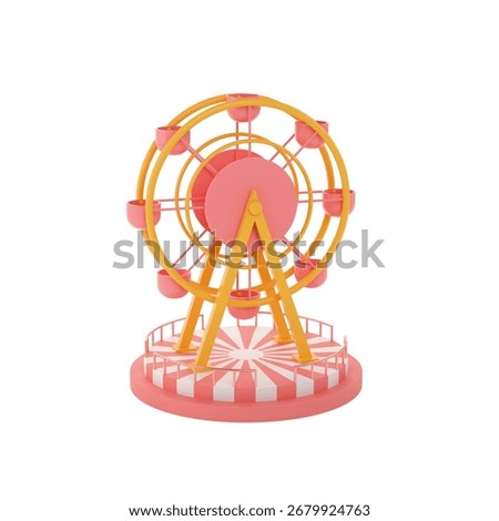 3D render of a whimsical ferris wheel with pastel pink gondolas isolated on white background
