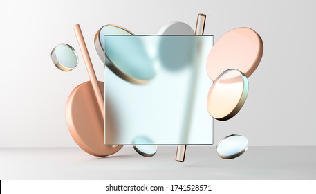 3d render white background with flying geometric shapes. Transparent glass cylinders and tubes in chaotic motion. Simply trendy design for promotion or product show. Minimal banner mockup.