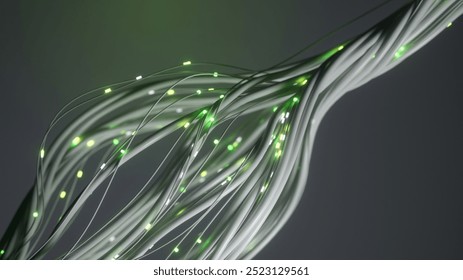 3d render of white cables with glowing green lights, forming an intricate network on a dark gray background. The image evokes concepts of technology, communication and data transfer