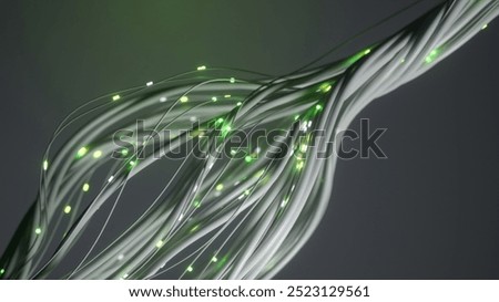 3d render of white cables with glowing green lights, forming an intricate network on a dark gray background. The image evokes concepts of technology, communication and data transfer