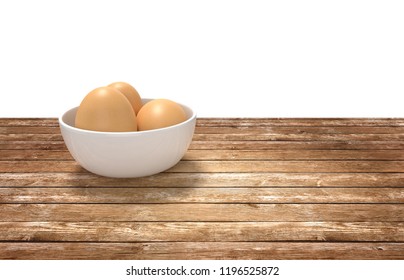 3D render of white ceramic bowl ful of eggs. Placed on wooden table.