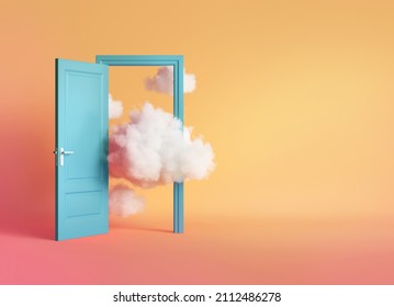 3d Render, White Clouds And Cumulus Flying Out The Blue Open Door Inside The Empty Room. Objects Isolated On Peachy Background. Abstract Metaphor, Modern Minimal Concept. Surreal Optical Illusion