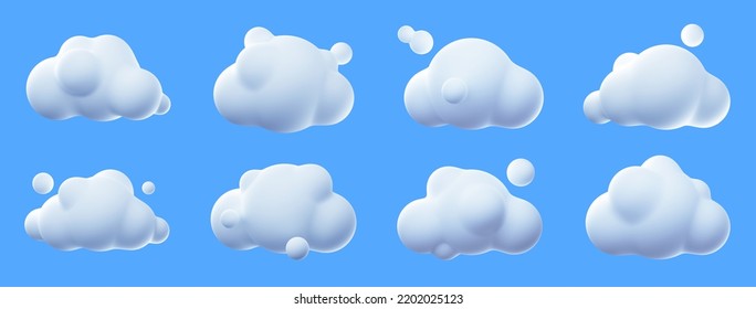 3d render white clouds, fluffy spindrift or cumulus eddies. Flying weather and nature design elements balloons isolated on blue background, illustration in cartoon plastic style. 3D Illustration