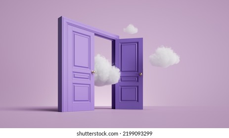 3d Render, White Clouds Flying Through The Opened Violet Double Doors. Architectural Or Interior Element Isolated On Lilac Background. Abstract Metaphor