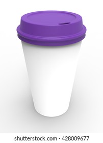 3d render of white coffe cup with plastic purple lid