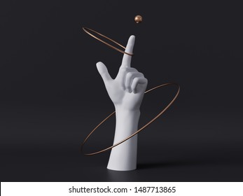 3d Render, White Decorative Female Mannequin Hand Isolated On Black Background, Finger Pointing Up, Spinning Golden Rings, Body Part, Fashion Concept, Esoteric Fortuneteller, Clean Minimal Design