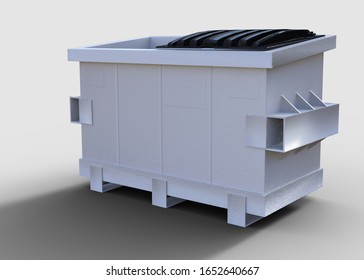 3d render of a white dumpster, backlight. Missing one lid and appearing empty