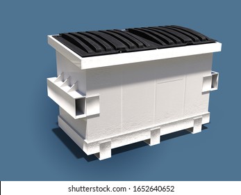3d render of a white dumpster with bright overhead lighting, closed lids on bright blue packground
