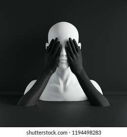 3d render  white female mannequin head  eyes closed by hands  blind concept  fashion concept  isolated object  black background  shop display  body parts  pastel colors