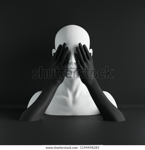 3dレンダリング 白い女性マネキンの頭 手で閉じた目 目隠しコンセプト ファッションコンセプト 分離型オブジェクト 黒い背景 ショップディスプレイ ボディパーツ パステルカラー のイラスト素材