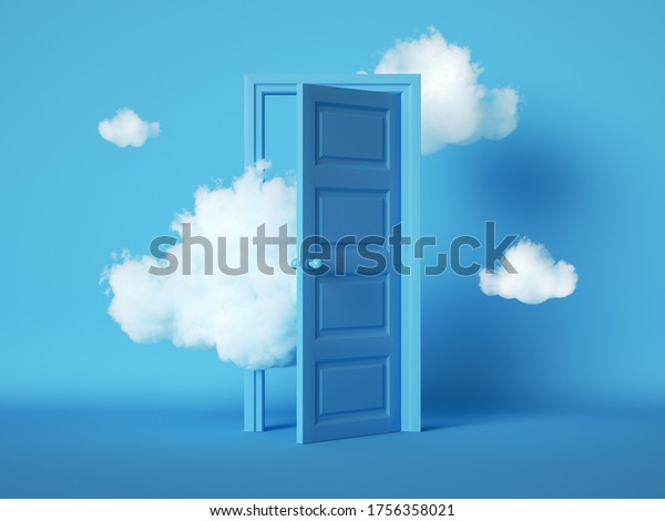3dレンダリング 白いふわふわした雲が通り抜け 飛び出す 開いたドア 青の背景にオブジェクト 抽象的な隠喩 現代的な最小限のコンセプトの扉 超現実的な夢のシーン のイラスト素材