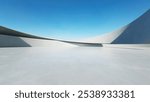 3d render of white futuristic architecture, abstract wavy structure with empty concrete floor	