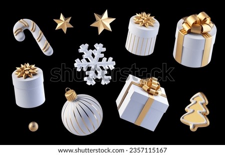 3d render, white and gold Christmas ornaments and gift boxes, collection of festive clip art elements isolated on black background