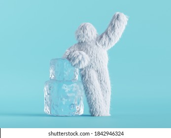 3d Render, White Hairy Yeti Stands Near Big Ice Cubes, Bigfoot Cartoon Character. Winter Clip Art Isolated On Mint Blue Background