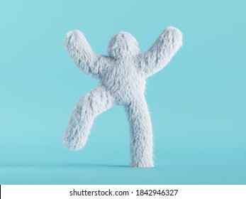 3d render, white hairy yeti dances with hands up, furry bigfoot cartoon character, scary monster isolated on mint blue background, dancing pose