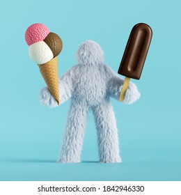 3d render, white hairy yeti, furry bigfoot toy holds two ice-cream. Choice concept. Clip art isolated on light blue background