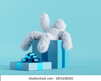 3d render, white hairy yeti sits inside the big gift box, bigfoot cartoon character celebrating. Festive clip art isolated on mint blue background
