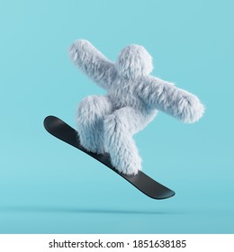 3d render, white hairy yeti makes tricks on snowboard. Winter sports concept. Furry bigfoot cartoon character, scary monster isolated on mint blue background, active pose