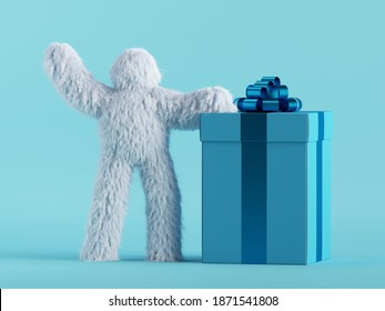 3d render, white hairy yeti stands near the big gift box, bigfoot cartoon character celebrating birthday. Festive clip art isolated on mint blue background