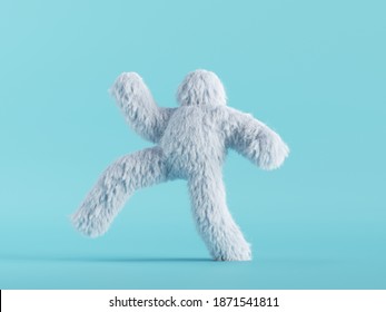 3d render, white hairy yeti walking, running or dancing. Furry bigfoot cartoon character, scary monster isolated on mint blue background, active pose