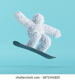 3d render, white hairy yeti jumps on snowboard. Winter sports concept. Furry bigfoot cartoon character, scary monster isolated on mint blue background, active pose