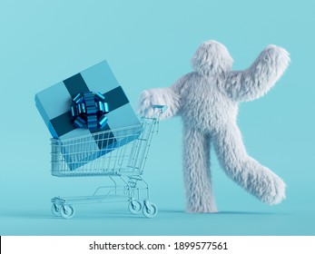3d render, white hairy yeti holds shopping cart with big gift box inside, bigfoot cartoon character goes shopping. Funny clip art isolated on mint blue background