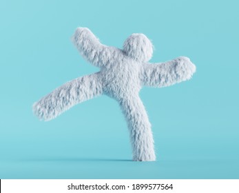 3d render, white hairy yeti dances, furry bigfoot cartoon character, funny winter monster isolated on mint blue background.