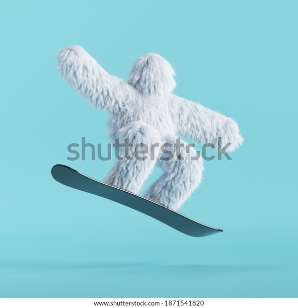 3d render, white hairy yeti\
jumps on snowboard. Winter sports concept. Furry bigfoot cartoon\
character, scary monster isolated on mint blue background, active\
pose