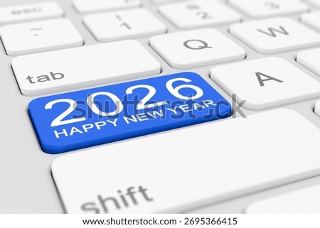 3d render of a white keyboard with a blue key and the inscription 2026 - happy new year - represents the new year 2026 - vacation concept.