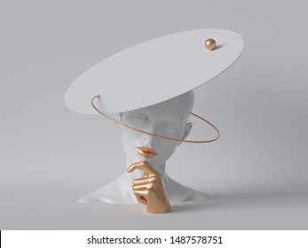 3d render, white mannequin woman head isolated on white background, golden hand, lady wearing unusual hat, fashion concept, shop display, body parts, clean minimal design - Powered by Shutterstock