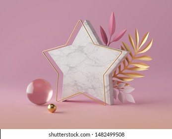 3d Render, White Marble Star Shape, Blank Polygonal Banner Mockup, Simple Geometrical Objects Isolated On Rose Pink Background, Abstract Luxury Concept, Gold Ball, Glass Sphere, Paper Palm Leaves