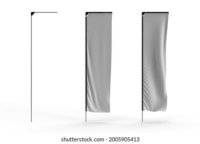 3D render of white photo realistic advertisement banner flag series with System, Still and Waving flag, 3D illustration mock-up with material surface texture. Telescopic Flag.