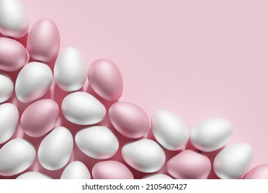 3d render of white and pink Easter eggs border on a pastel pink background flat lay with copy space