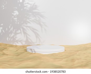 3D Render - White Podium Minimal On Sand Background, Display For Cosmetic Perfume Fashion Natural Product, Simple Clean Design, Luxury Minimalist Mockup.