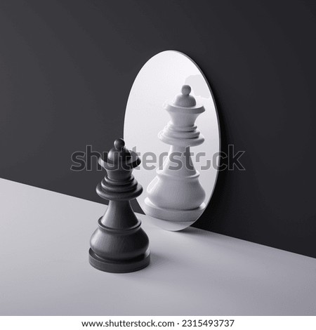3d render, white Queen chess game piece stands in front of the round mirror with white reflection. Hypocrisy concept. Mental disorder condition. Minimalist background