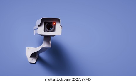 3d render. White security camera isolated on blue background. Metaphor of total control. Concept of video surveillance
