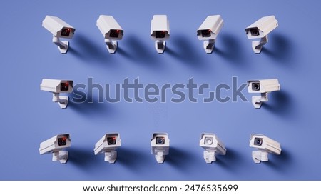 3d render. White security cameras pointing to the blank spot in the center, isolated on blue background. Metaphor of total control. Concept of security monitoring
