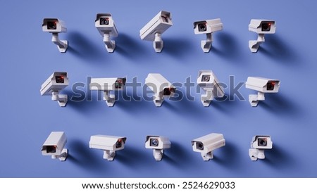 3d render. White security cameras pointing different directions, isolated on blue background. Metaphor of total control. Concept of security monitoring