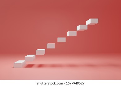 3D Render, White Stair On The Air, In The Pink Room, Forward And Success Concept