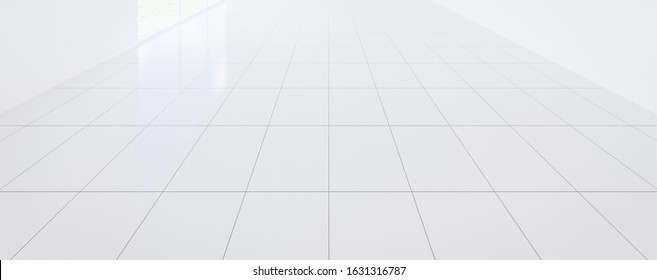 3d Render White Tile Floor New Clean And Shiny Reflection, 
Symmetry Grid Line Texture In Perspective View For Background, Square Shape Of Tile With Perspective Straight Grid Line On White Background.