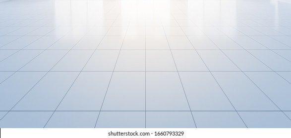 3d Render White Tile Floor New Clean And Shiny Reflection, 
Symmetry Grid Line Texture In Perspective View For Background, Square Shape Of Tile With Perspective Straight Grid Line On White Background.