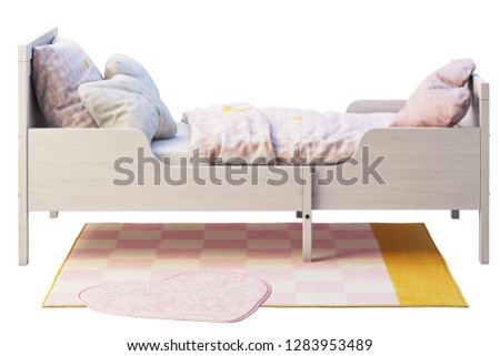 3d render of white wood pull-out children's bed with rug on white background. Scandinavian interior. Bedding set