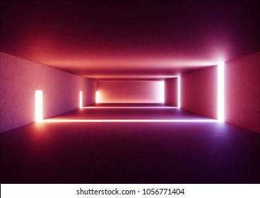 3d render of wide abstract illuminated empty corridor interior made of gray concrete, glowing red lines with shadow, daylight tunnel with no exit, violet light rays, minimalistic space